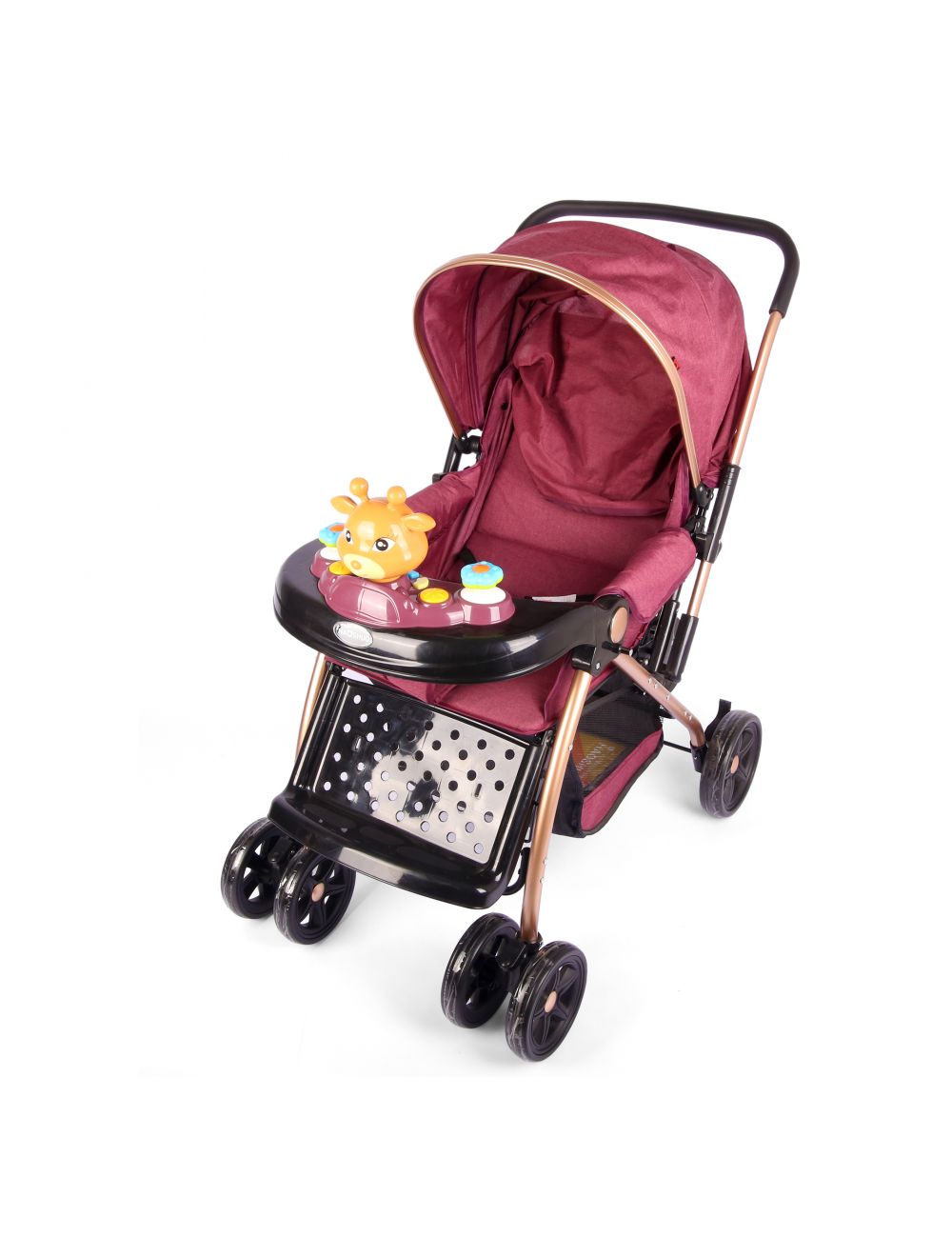Junior Baby Stroller Golden Frame Maroon With Music Tray